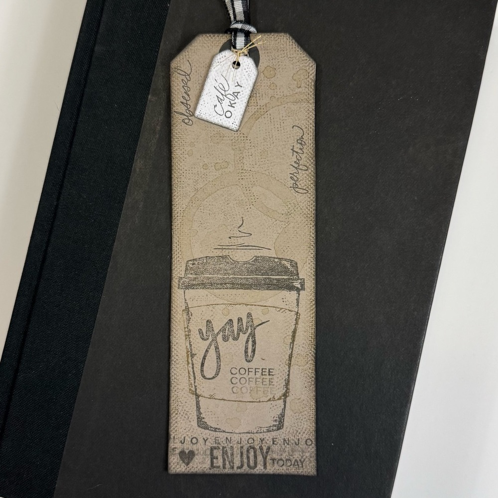 Hand-Stamped - Handcrafted Coffee Themed Bookmark with Ribbon